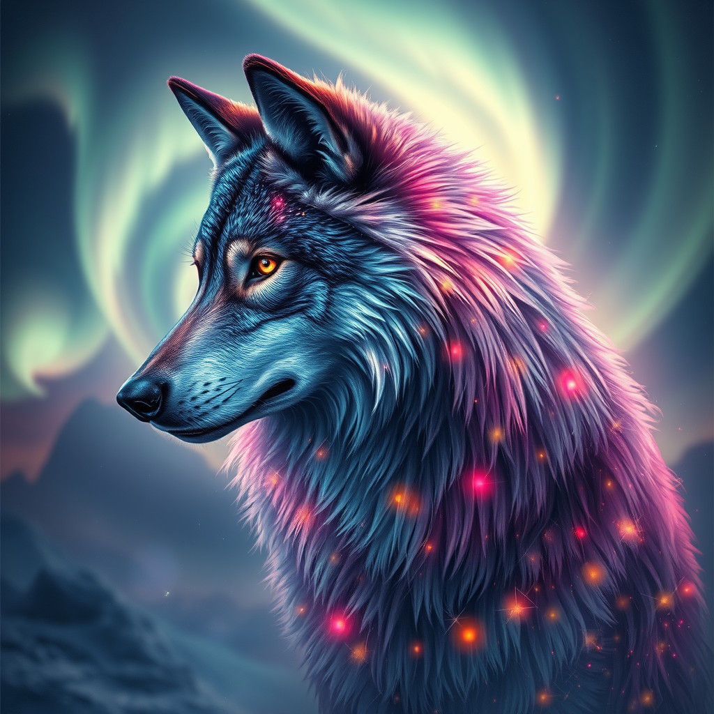 Iridescent Wolf Under Northern Lights