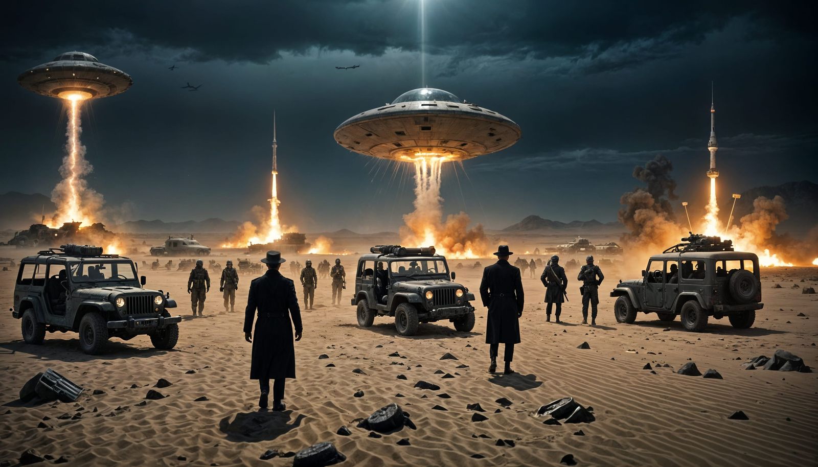 UFO Crash Site with MIB Agents in Noir Lighting