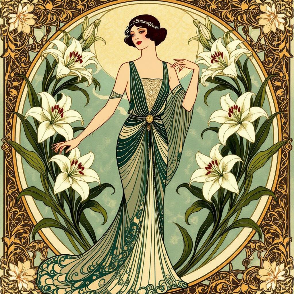 Art Deco Lady with Lilies, Renny MacIntosh Style