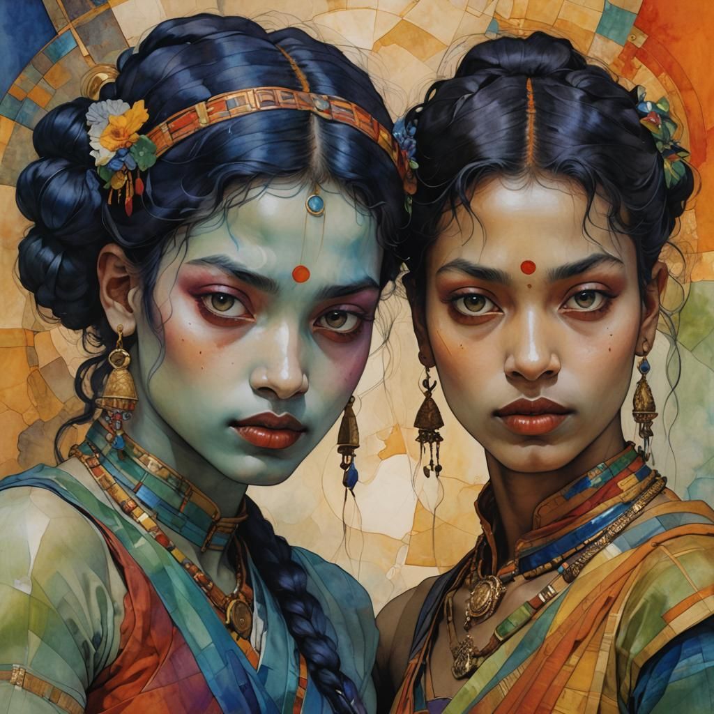 Iridescent Portrait of Two Tamil Djin Girls