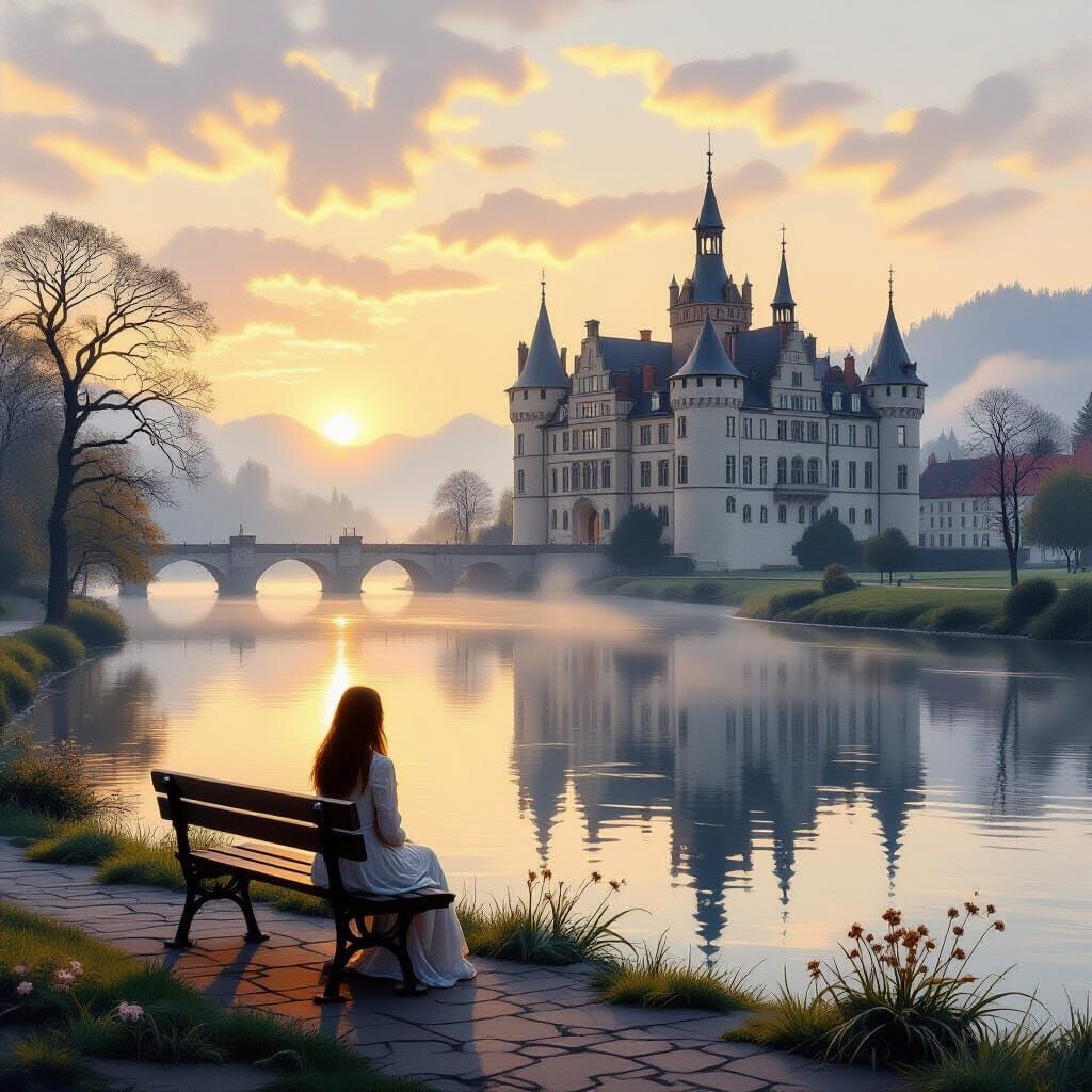 Dawn Over Castle and River with Solitary Woman