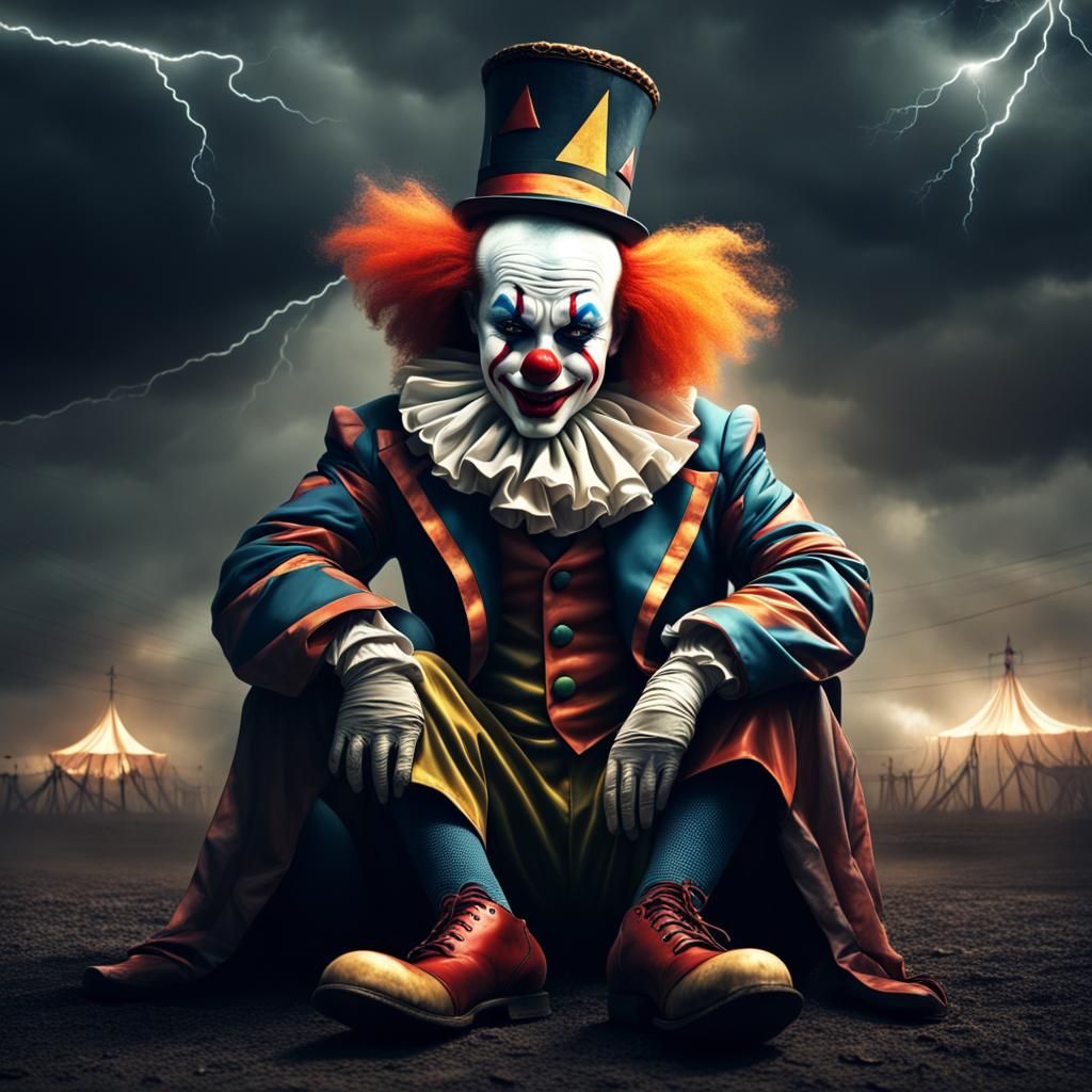 Sad Clown in Dramatic Circus Storm