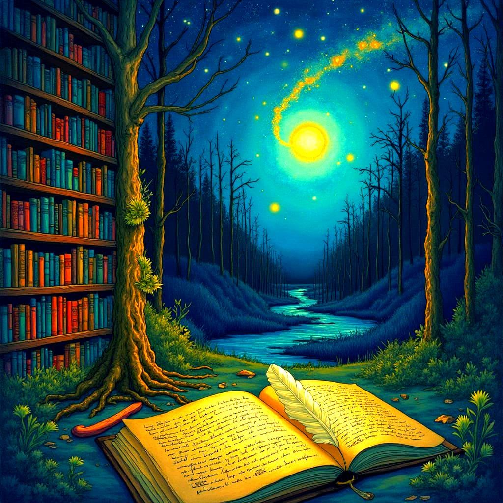 Ethereal Library Meets Starry Forest in Dreamy, Cyberpunk La...