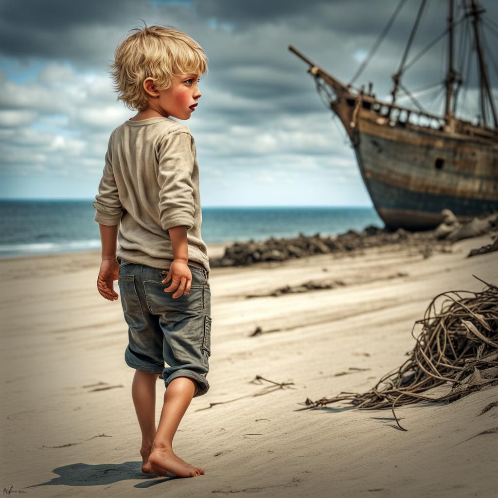 Lonely Boy Waves from Desert Island: Hyperrealistic Image