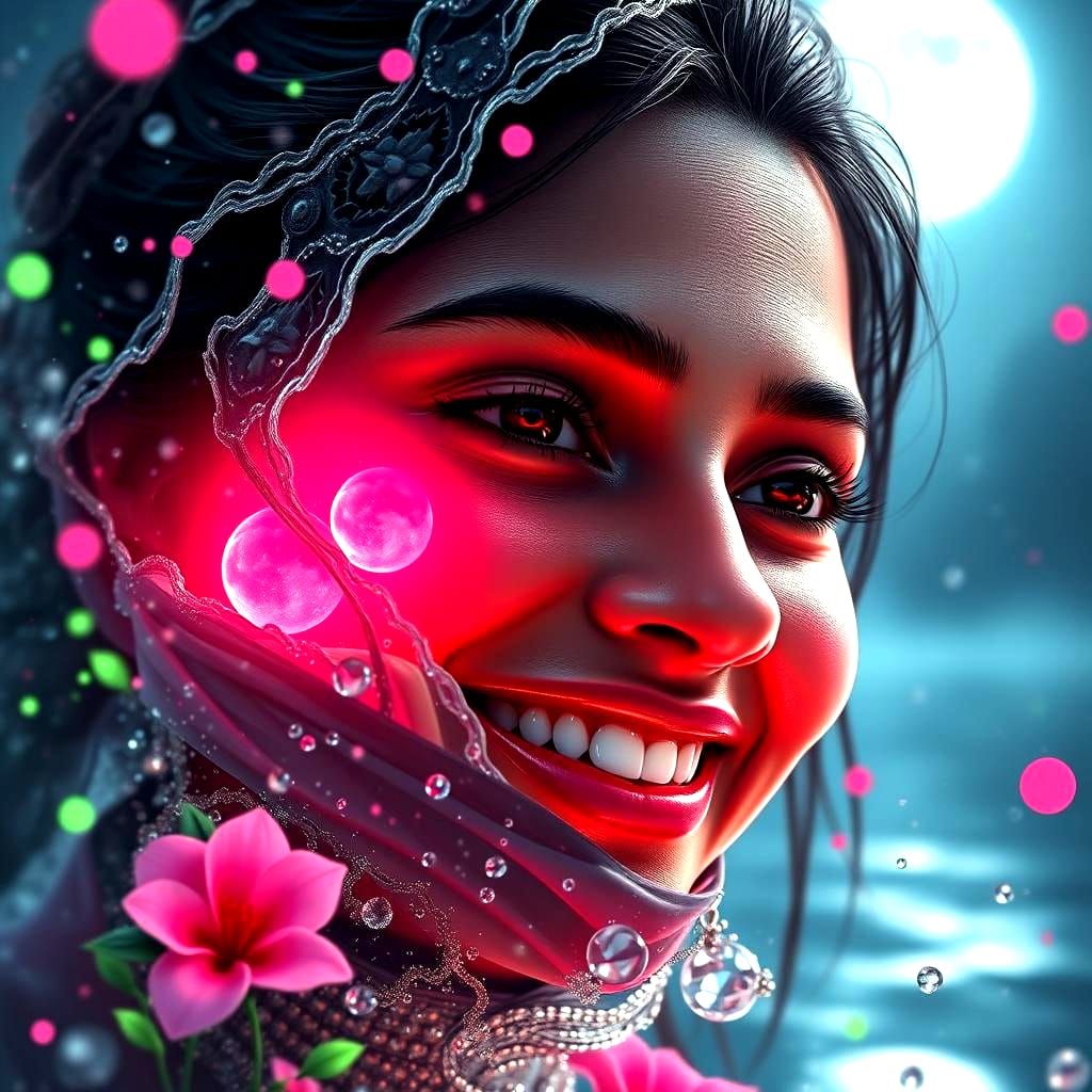 Radiant Woman with Red Lips in Dreamlike Setting