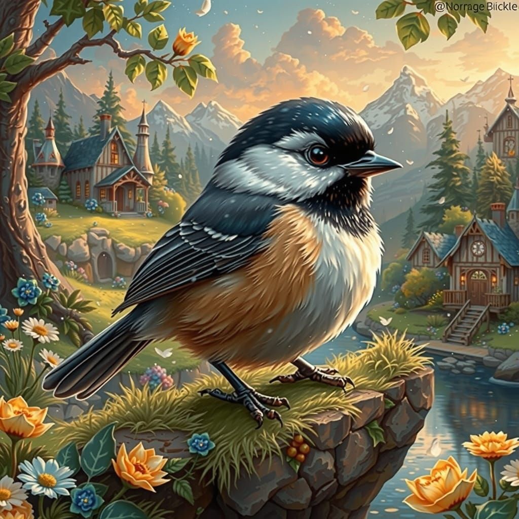 Whimsical Chibi Chickadee in Dreamy Impasto Landscape