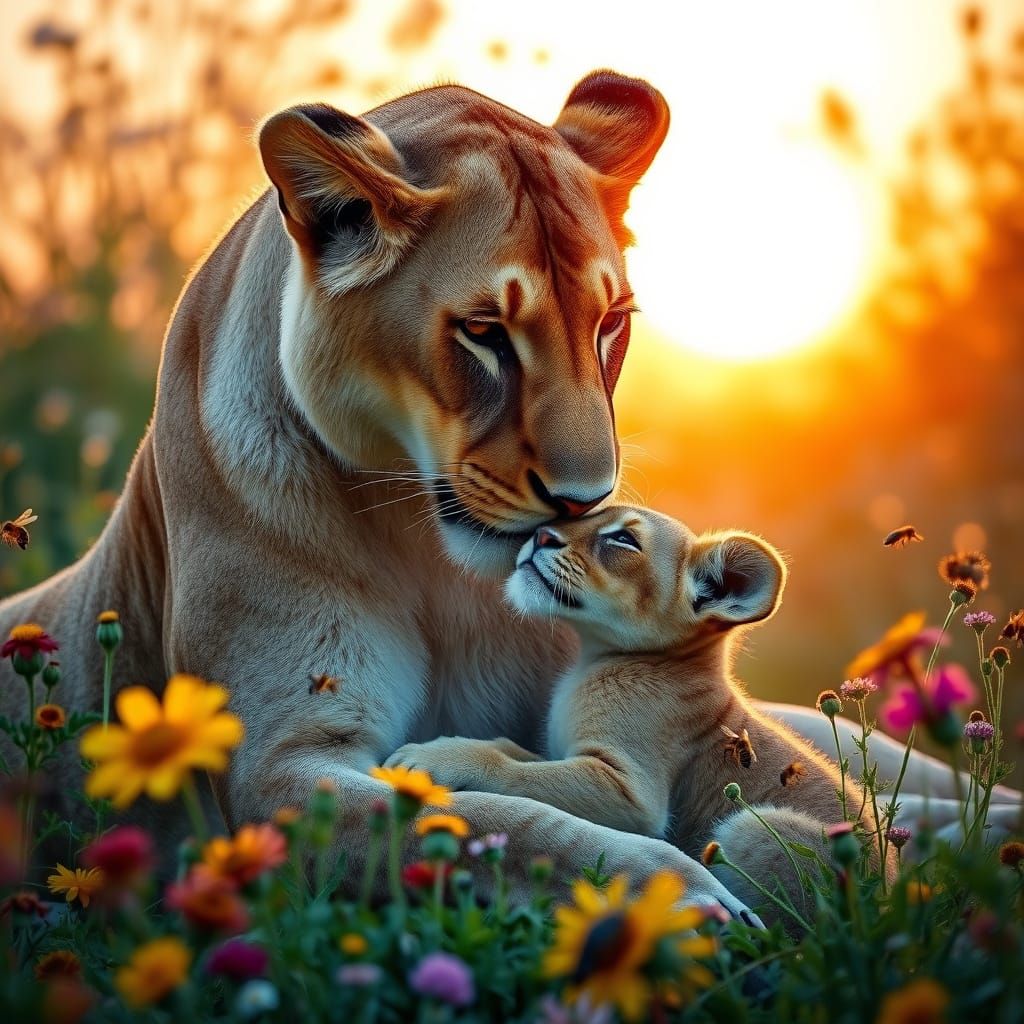 Lioness Grooming Cub in Wildflower Meadow