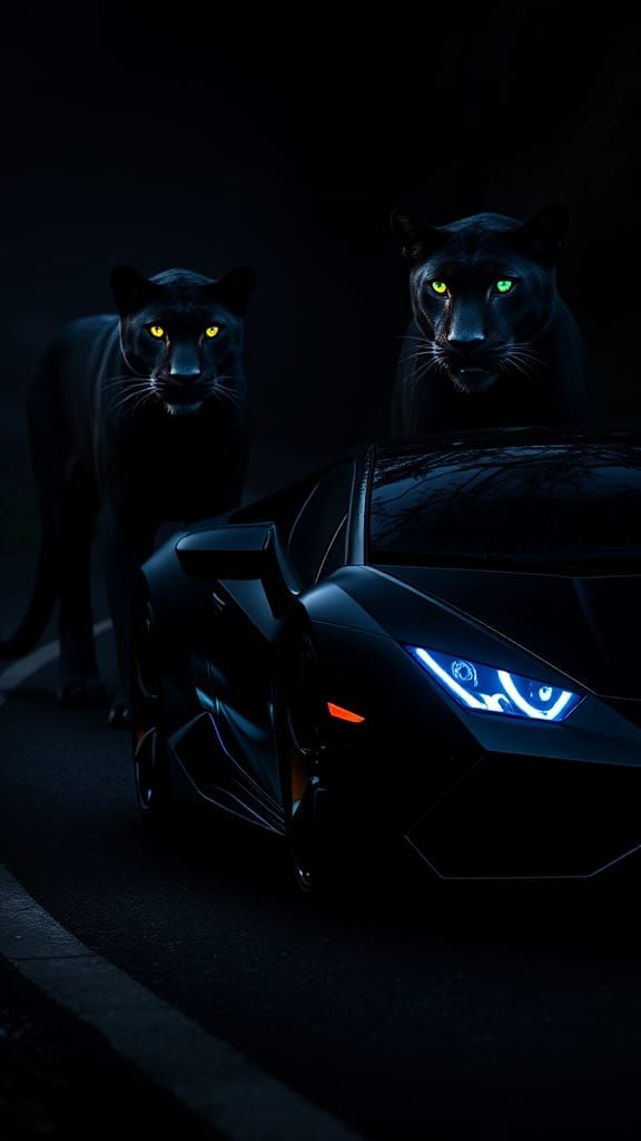 Lamborghini with Black Panther in Dramatic Lighting