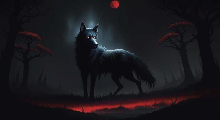 Black Wolf Howling at Blood Moon: Dark Fantasy Oil Painting