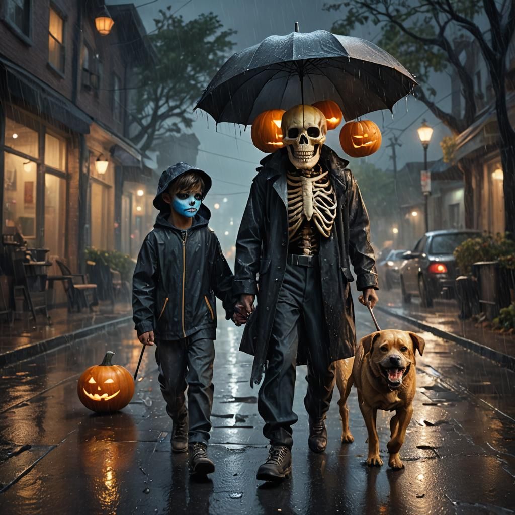 Halloween Night: Boy and Dog in Rain, Digital Art