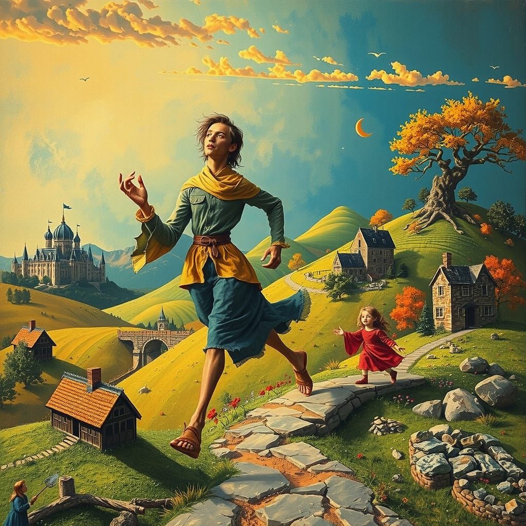 Ethereal Giant Sprints Across Vibrant Mediaeval Landscape