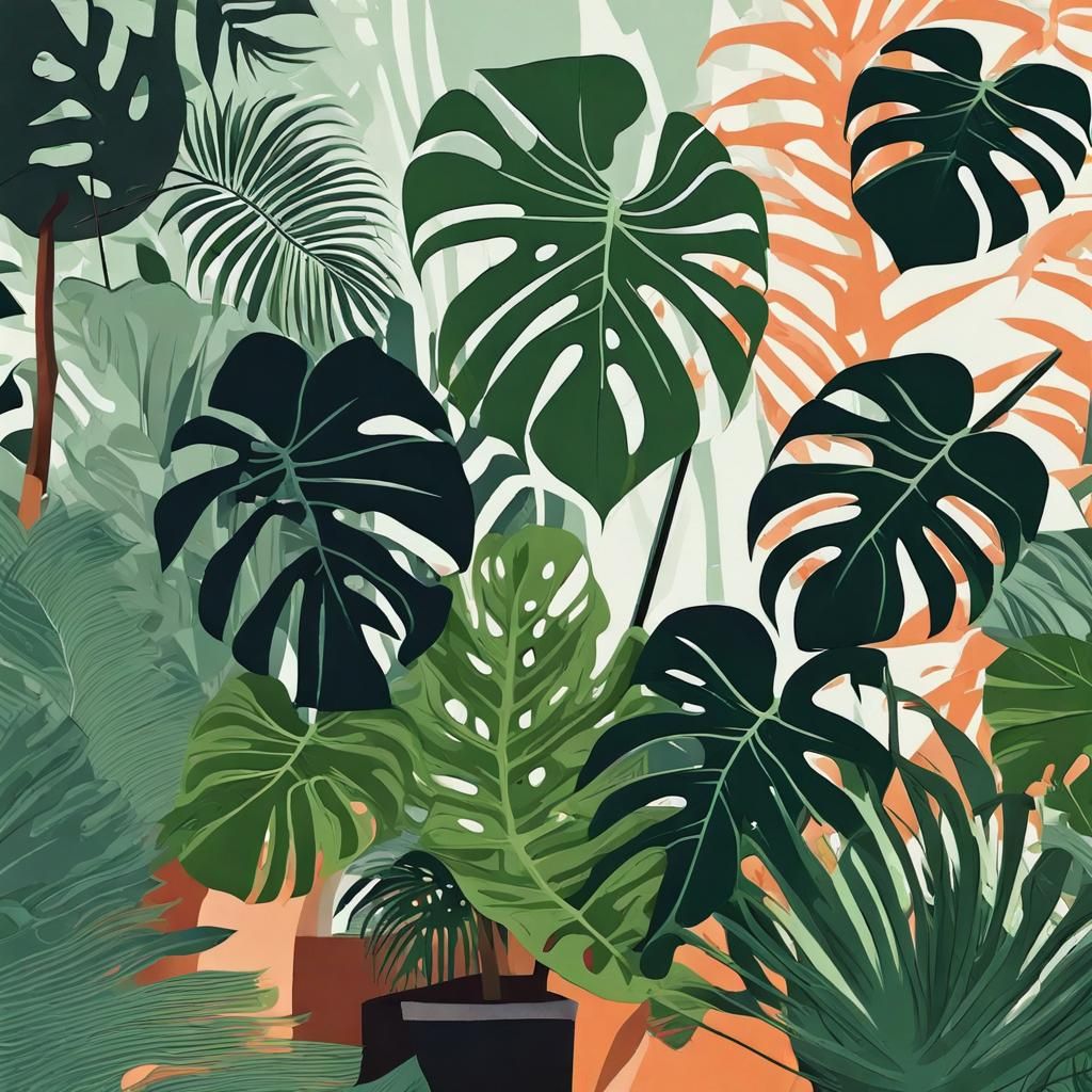 Tropical Plants Wallpaper with Monstera and Abstract Art