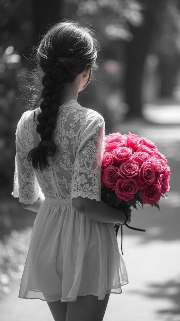Emotive Portrait of Woman with Roses in Selective Color