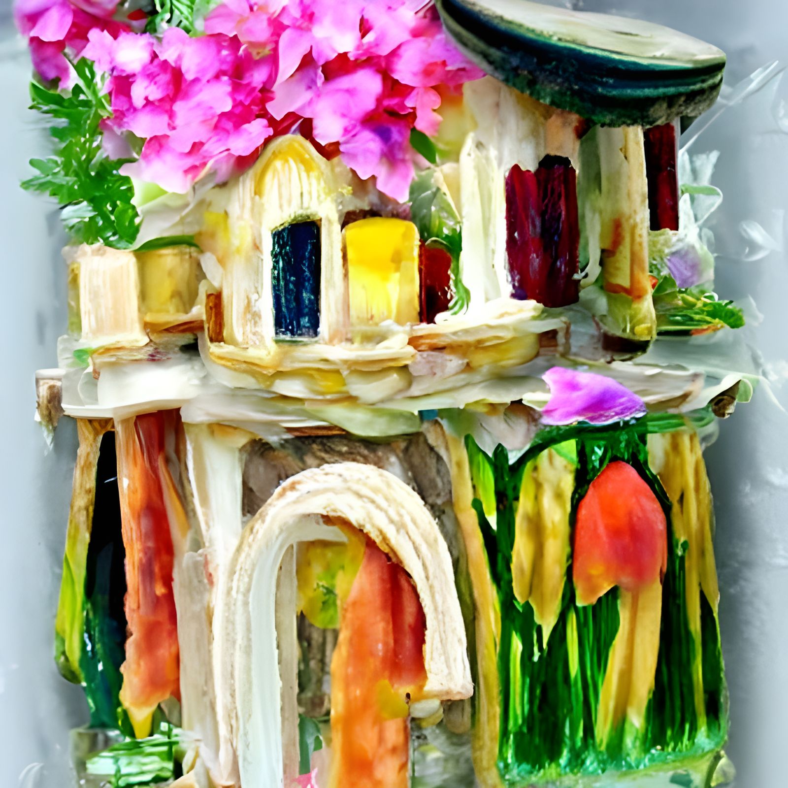 Detailed Watercolor Garden Architecture in Impressionistic S...