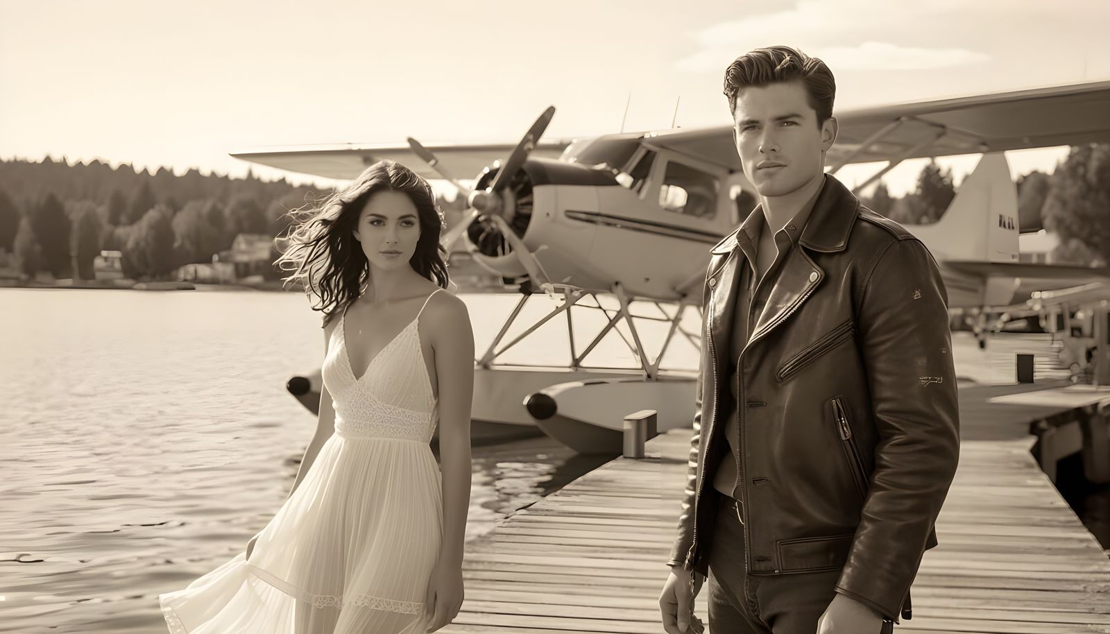 Vintage Sepia Photo: Mail Plane Arrives at Lake Dock