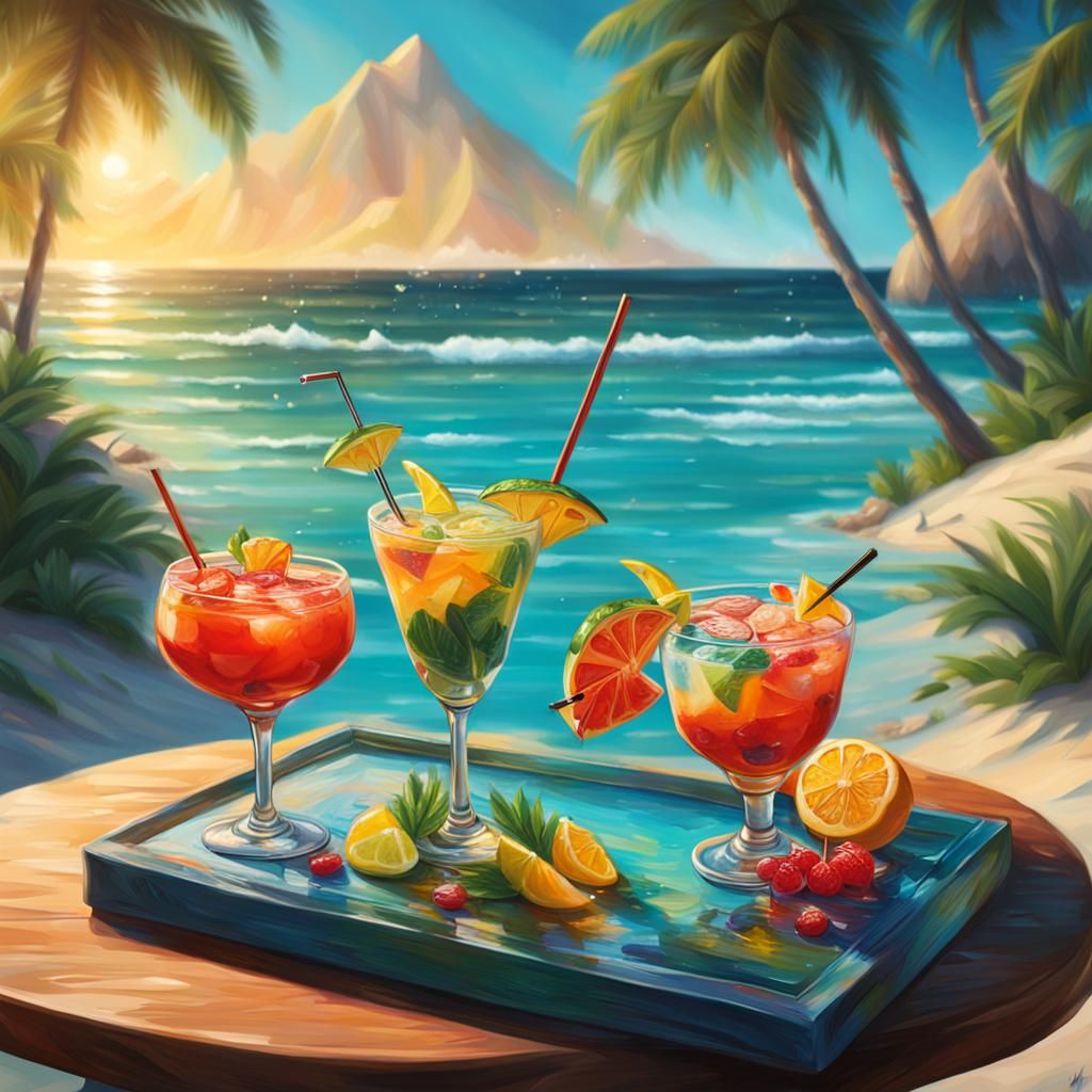 Tropical Beach Cocktails in Hyperrealistic Splash Art