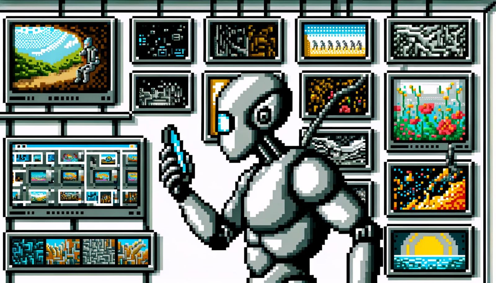 Pixel Art Robot in a Neon-Lit Cyberpunk Lair