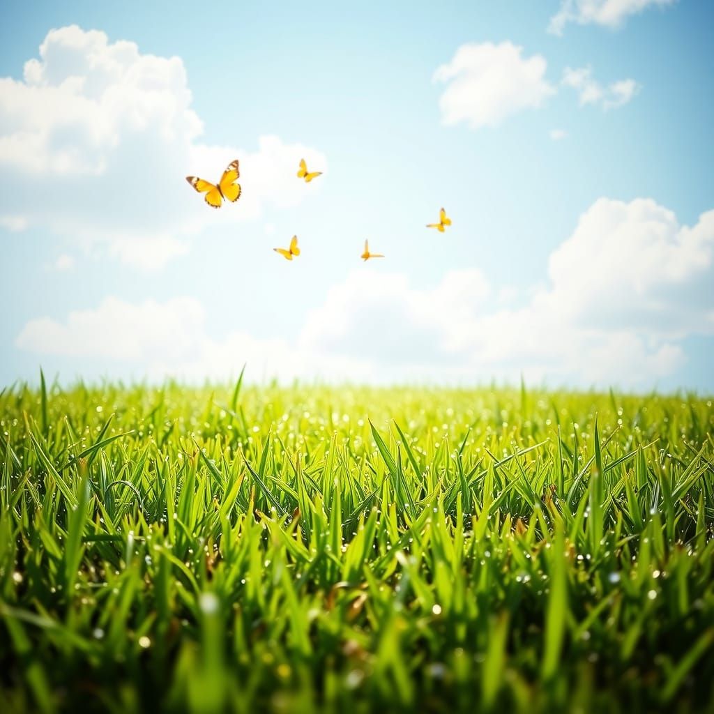 Spring Meadow Scene with Puppy Footprints and Butterflies