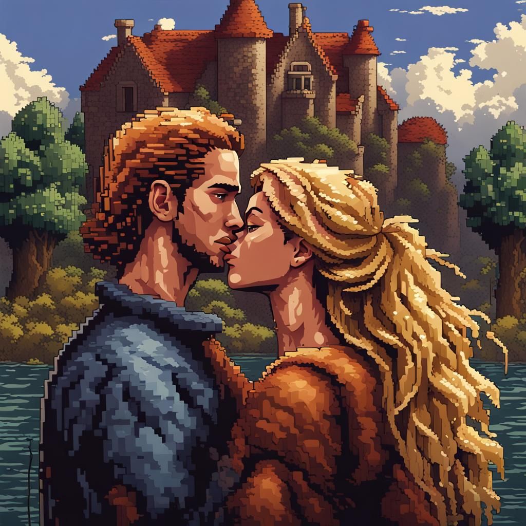 Kissing Couple Portrait in 8-bit Pixel Art