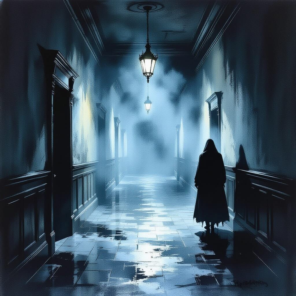 Gothic Corridor With Flickering Shadows in Watercolor Oils
