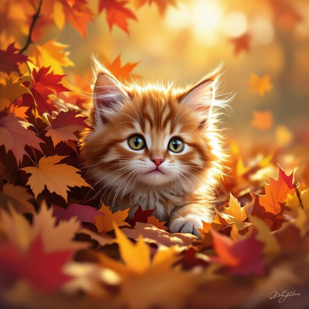 Fluffy Ginger Kitten Peeking From Autumn Leaves