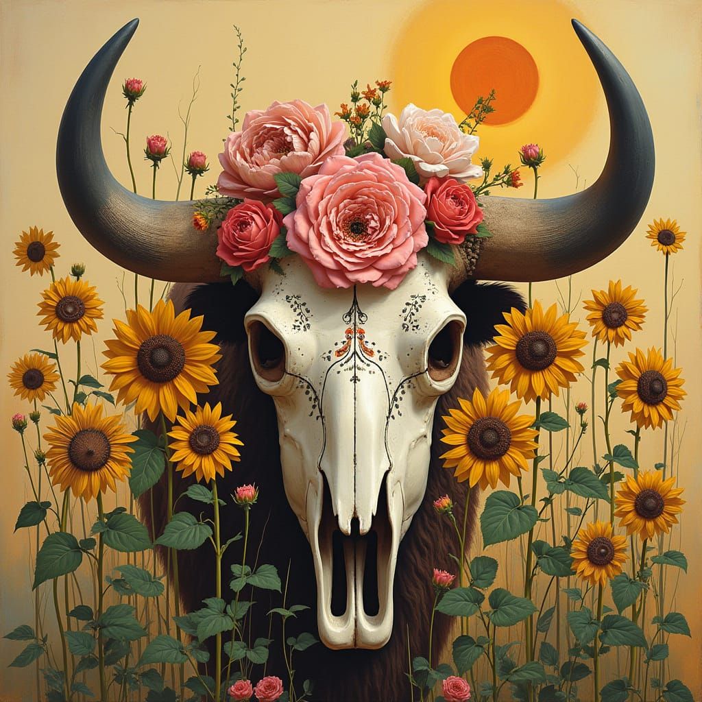 Floral Bison Skull Inspired by Artistic Masters