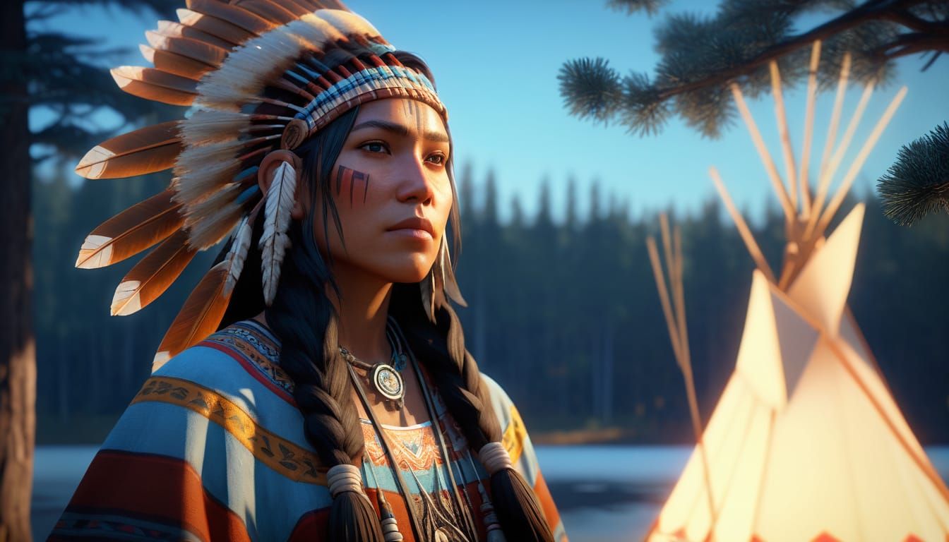 Native American Woman in Traditional Regalia, Teepee, and Wi...