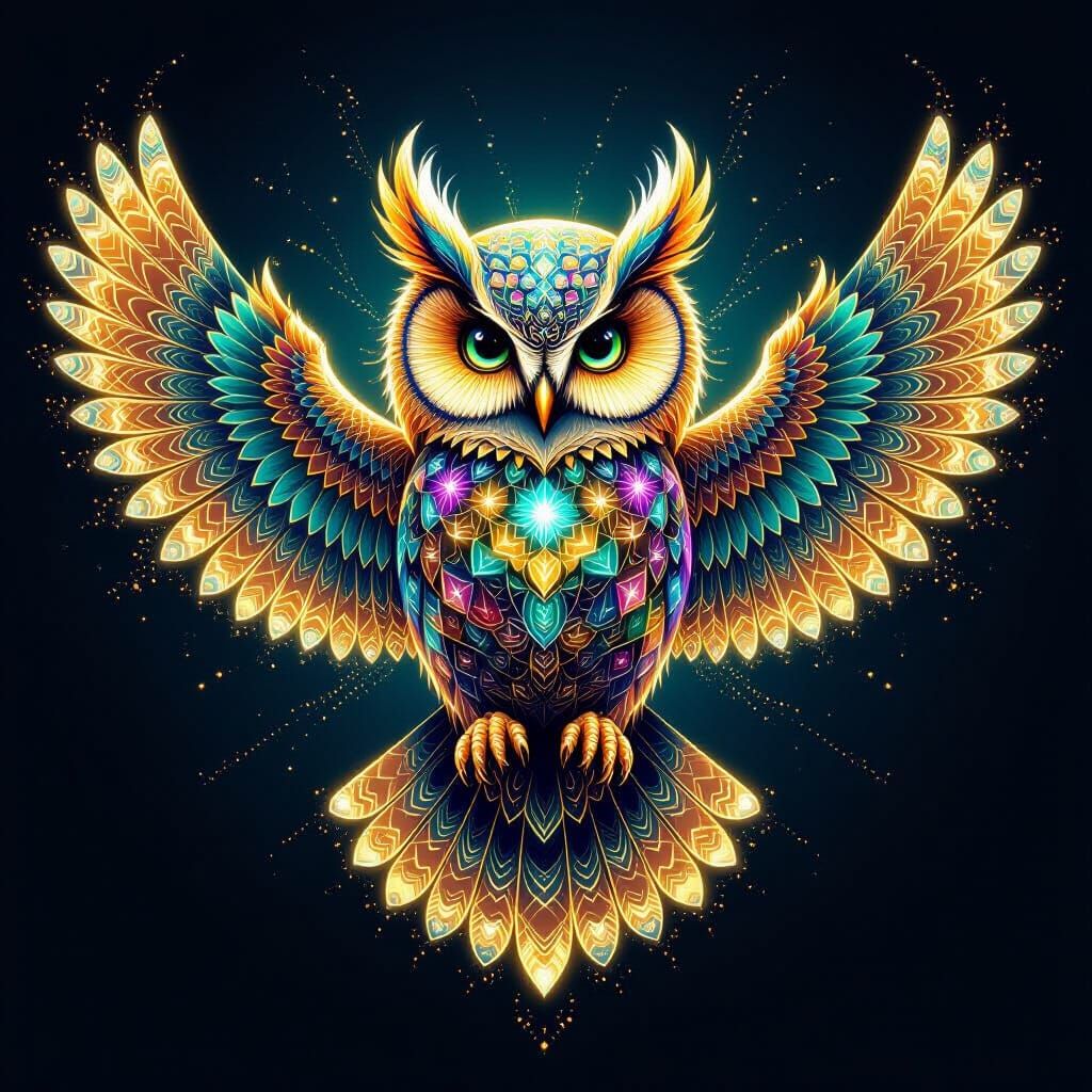 Fractal Owl Art: Glowing Symmetry in Gold and Turquoise
