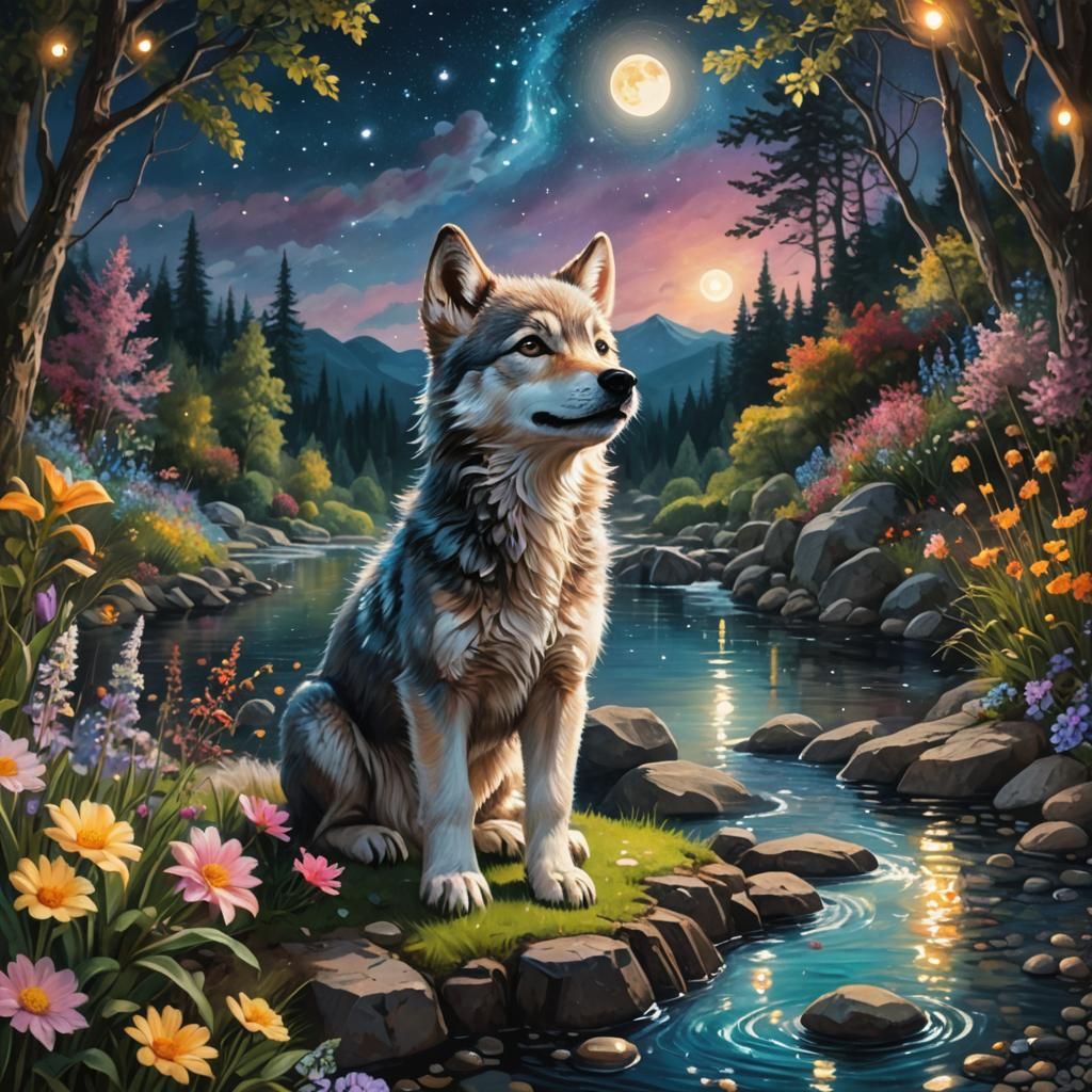 Enchanted Baby Wolf Howling in Middle-earth Garden