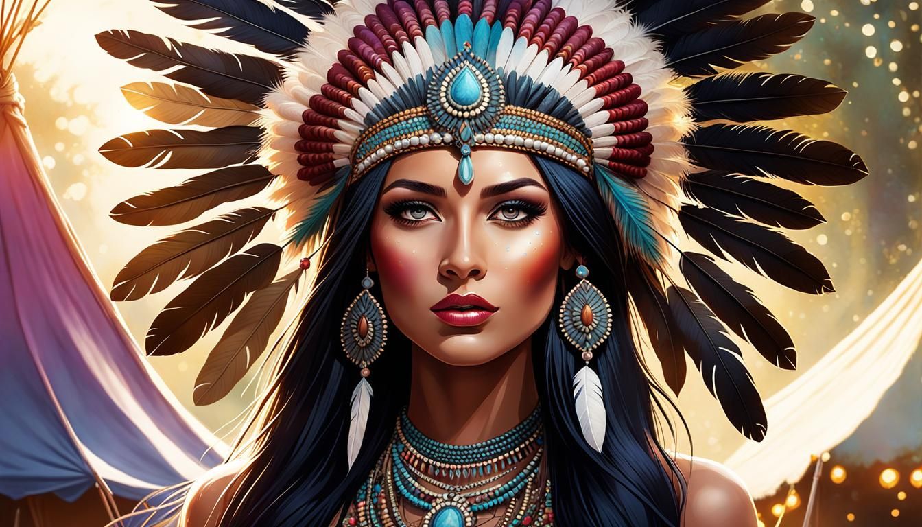 Woman with Feather Headdress in Watercolor Style