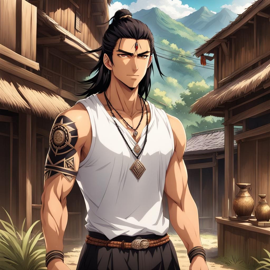 Handsome Man in Native American Village, Anime Style
