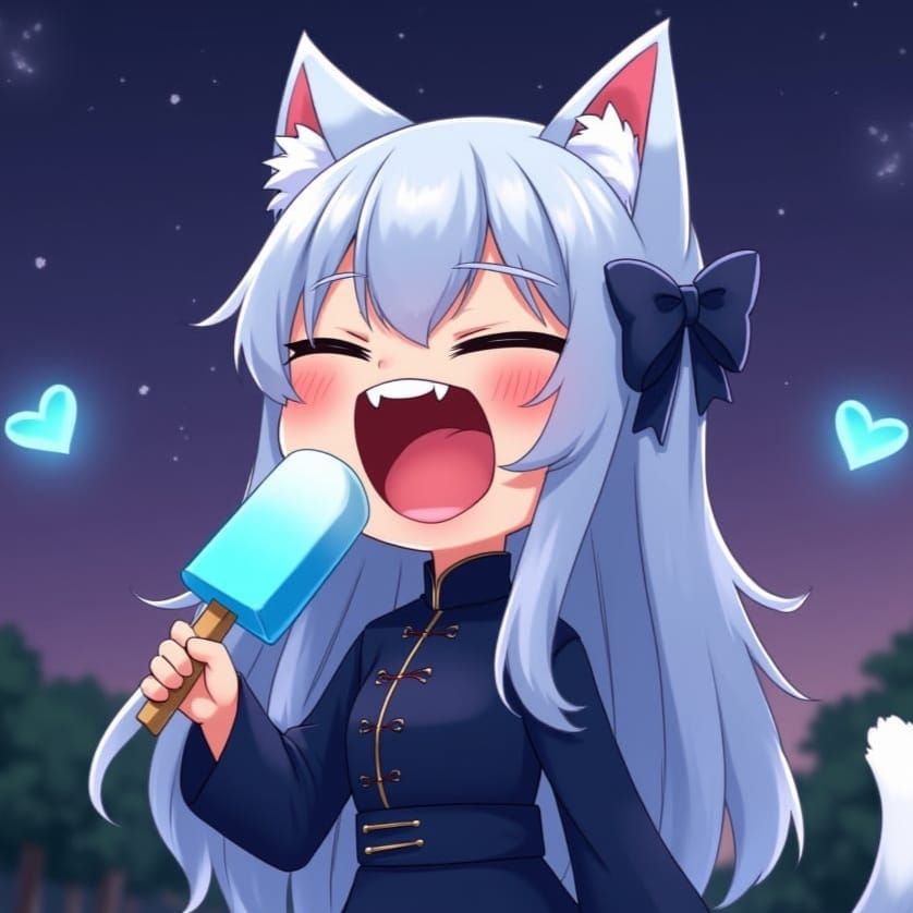 Cute Anime Catgirl Enjoys Blue Ice Cream in Synthwave Style