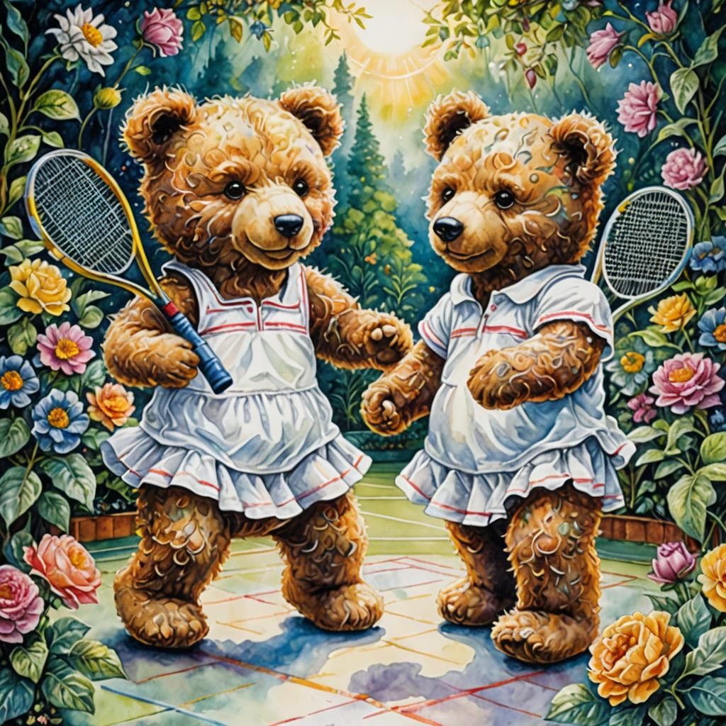 teddy bears playing tennis