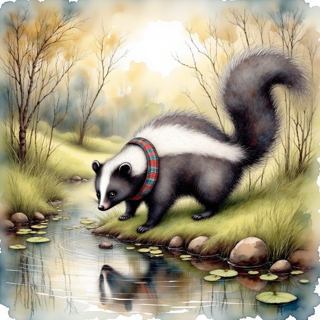 Skunk Drinking at Pond's Edge in Beatrix Potter Style