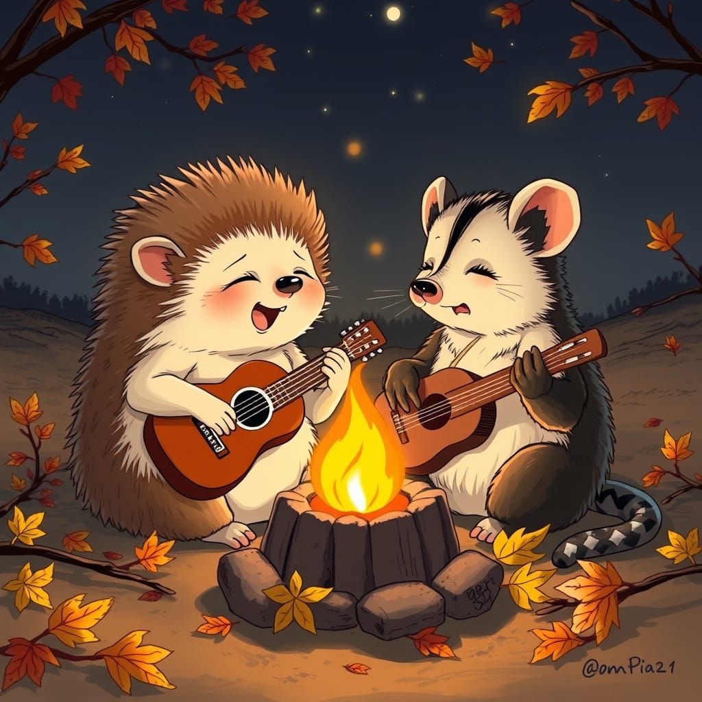 Singing Hedgehog and Opossum Serenade by the Cozy Fire