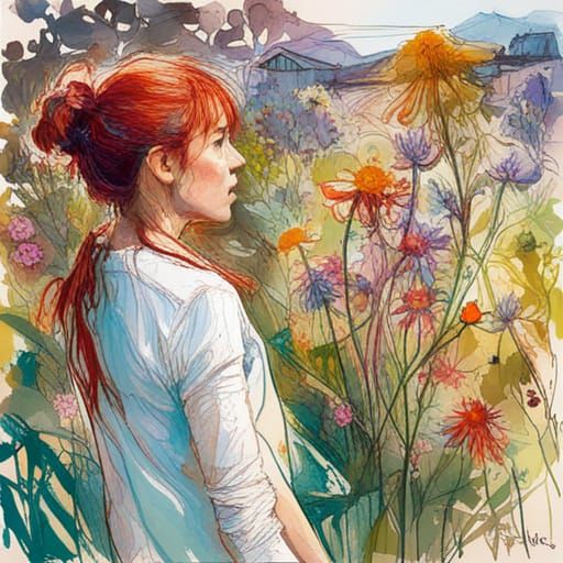 Wildflowers in Garden: Impressionistic Oil and Ink