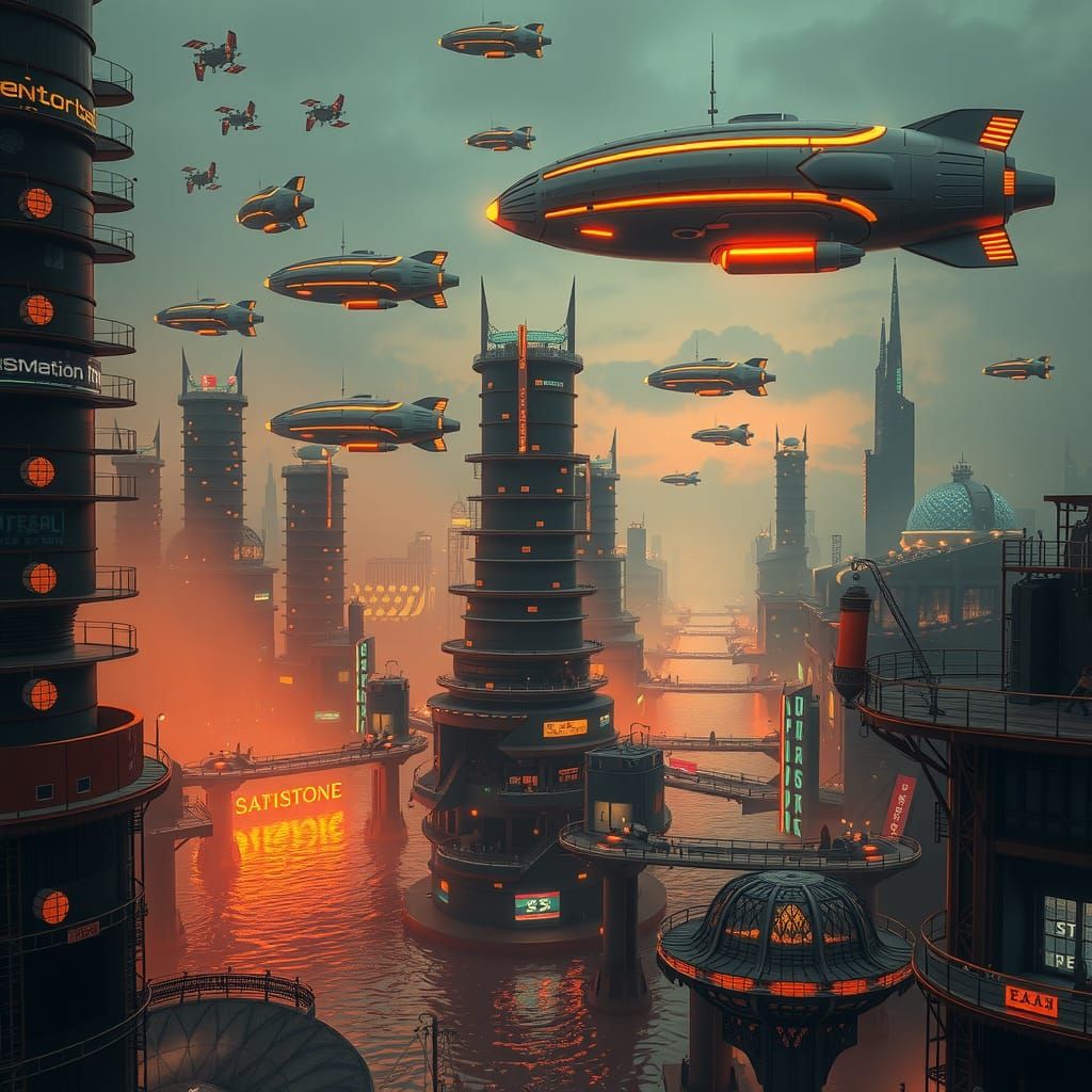 Futuristic Metropolis with Airships in Hyper-Realistic Style