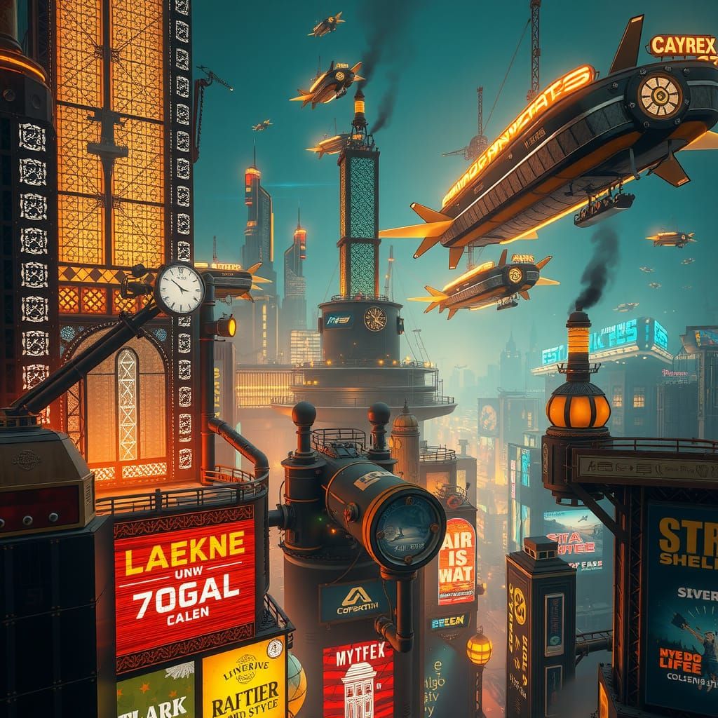 Futuristic Metropolis with Steampunk Airships