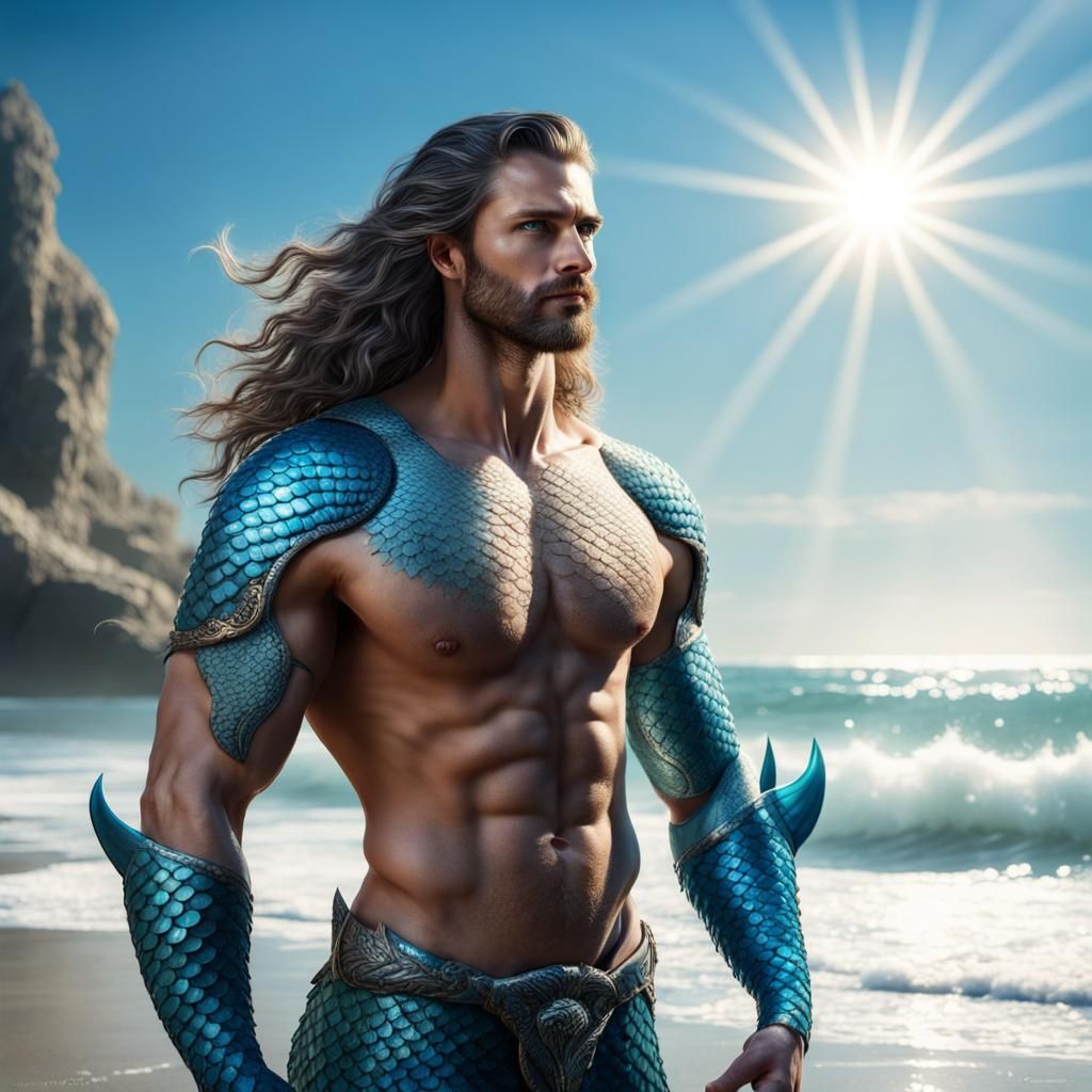 Merman Warrior Posing Dramatically on the Beach