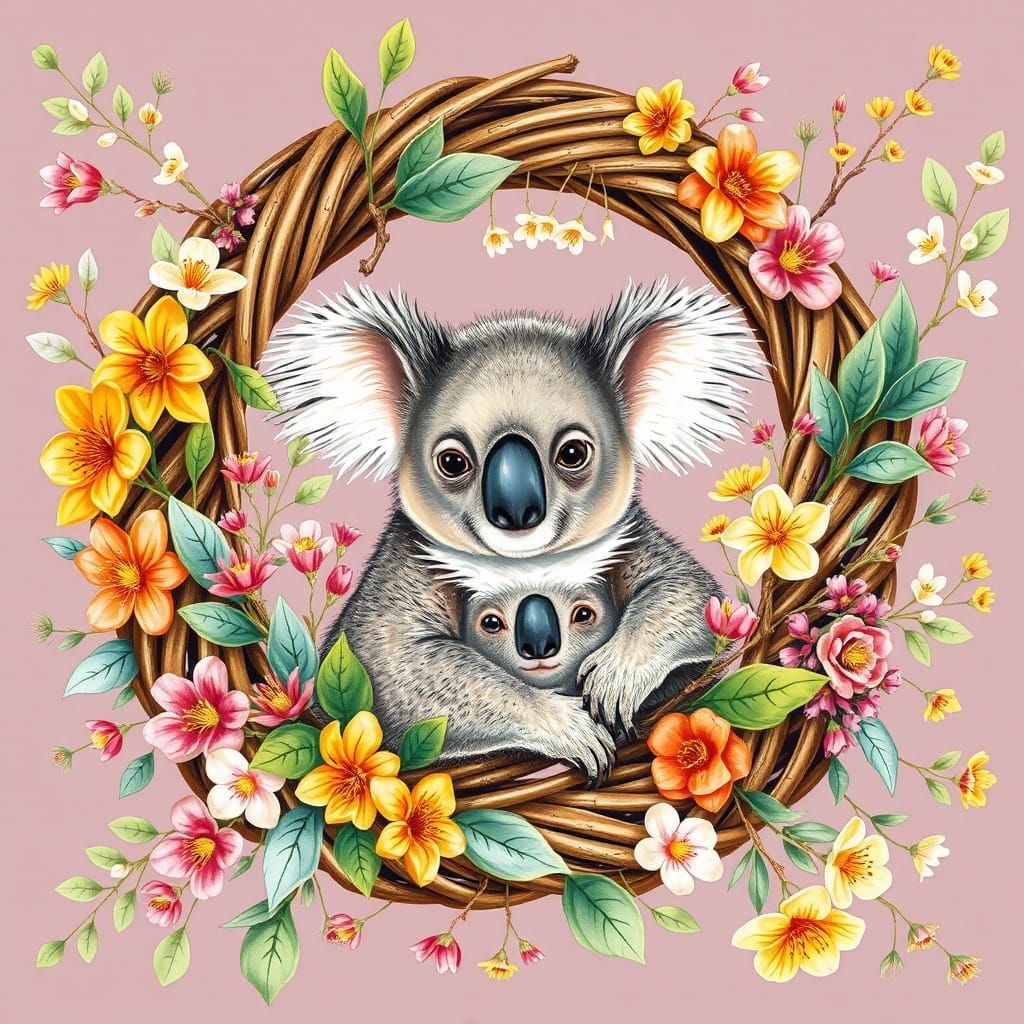Whimsical Botanical Wreath with Chibi Koalas in Vibrant Colo...