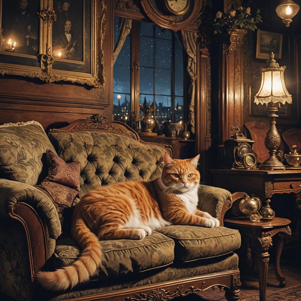 Ginger Cat Sleeping in Victorian Living Room