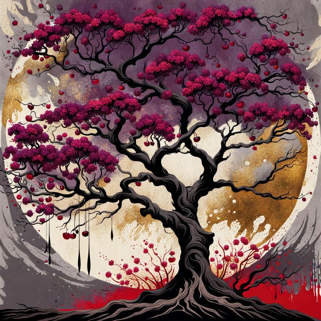 Grattage Poster Art: Cherry Blossoms Under the Moon