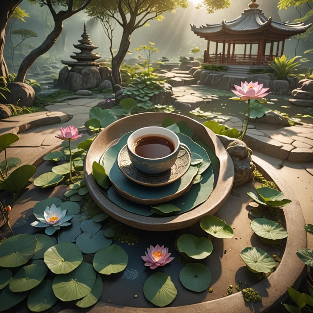 Levitating Coffee Mug in Zen Garden: Matte Painting