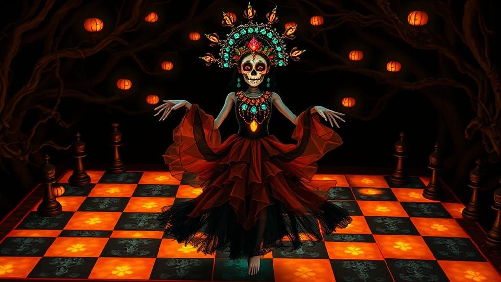 Ornate Sugar Skull Woman Dancing on Chessboard