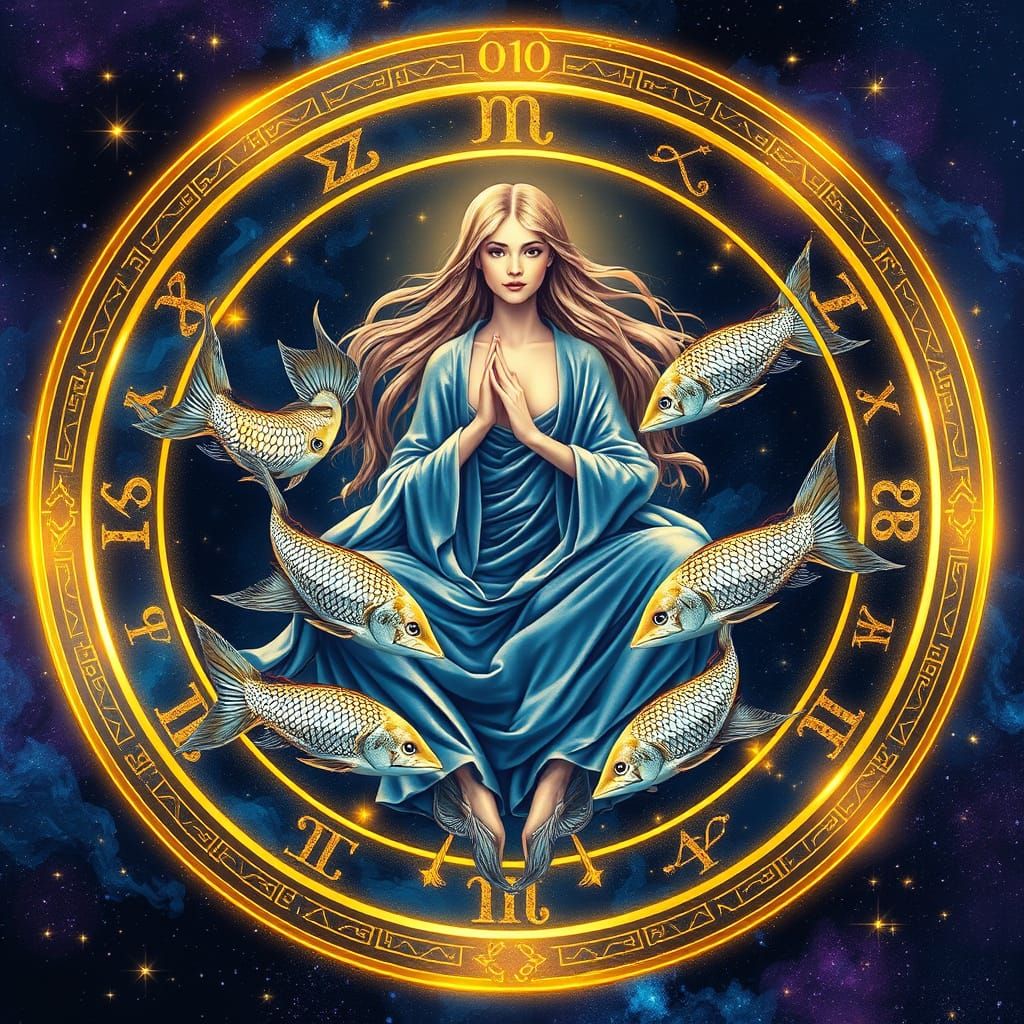 A serene Pisces zodiac figure, draped in flowing white robes...