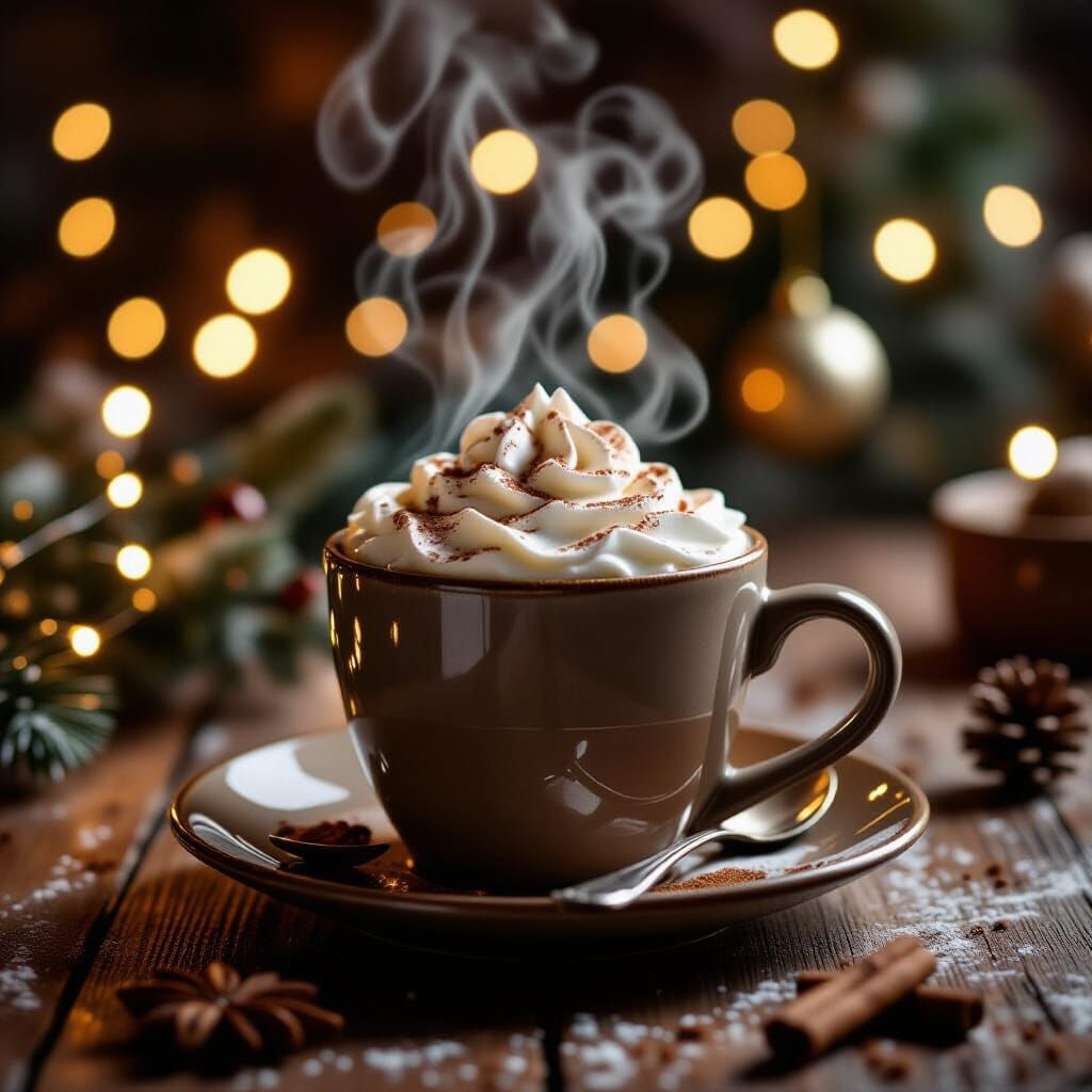 Steaming Hot Cocoa on Rustic Table: Hyper-Realistic Photo