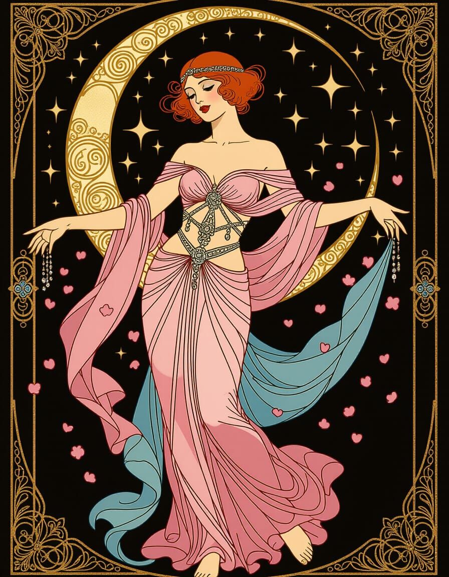 Art Deco Woman Under Crescent Moon with Blossoms