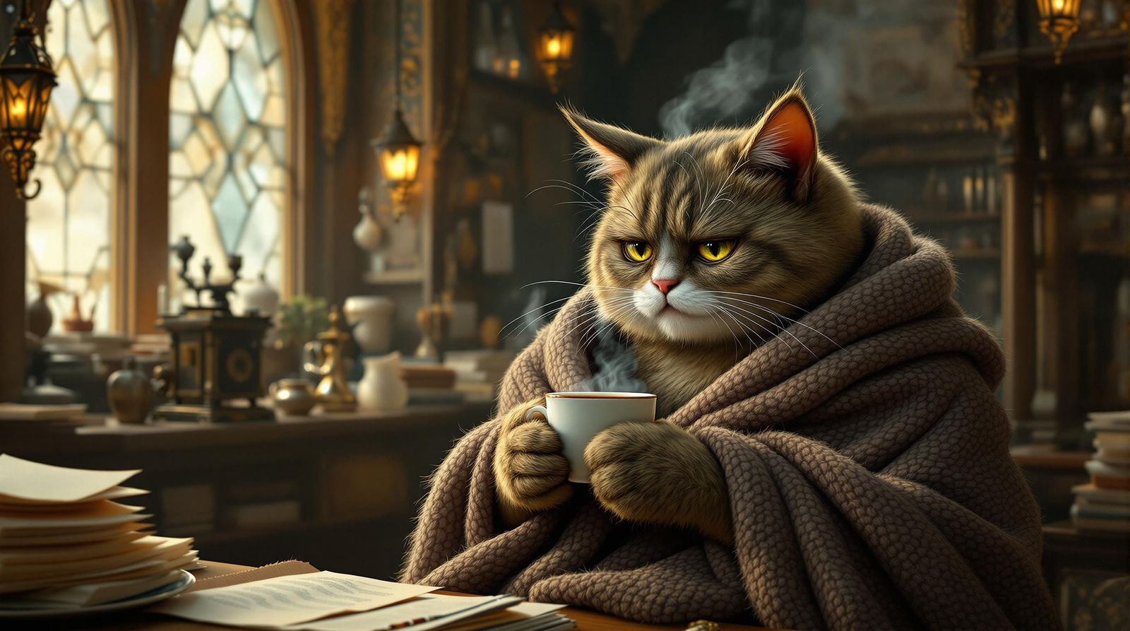 Whimsical Feline Coffee Connoisseur in Art Deco Print Shop