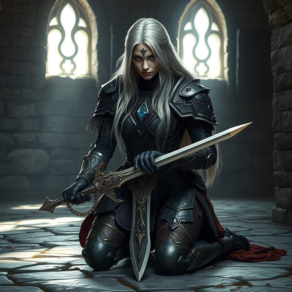 Warrior Kneeling with Sword in Stone Fortress