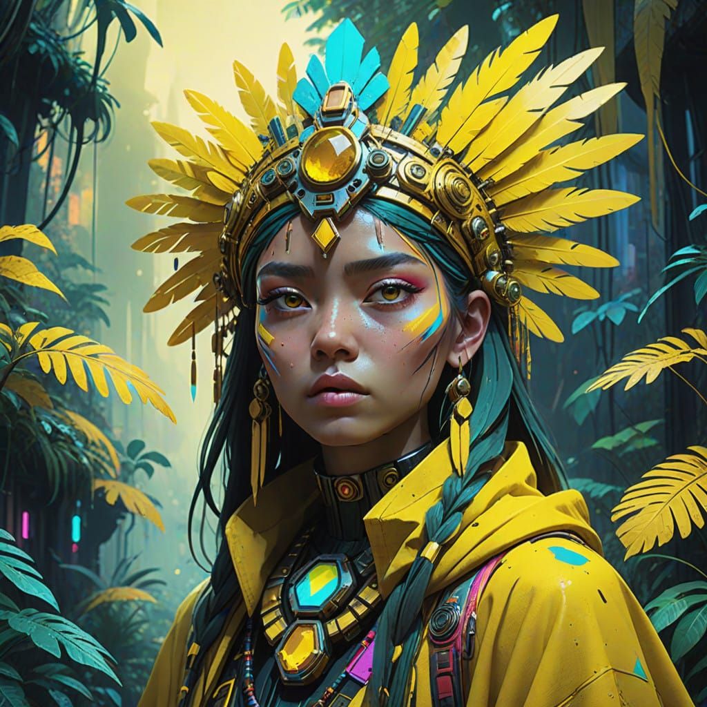 Amazonian Yellow Gemstone Tribe Warrior in Vibrant Headdress...